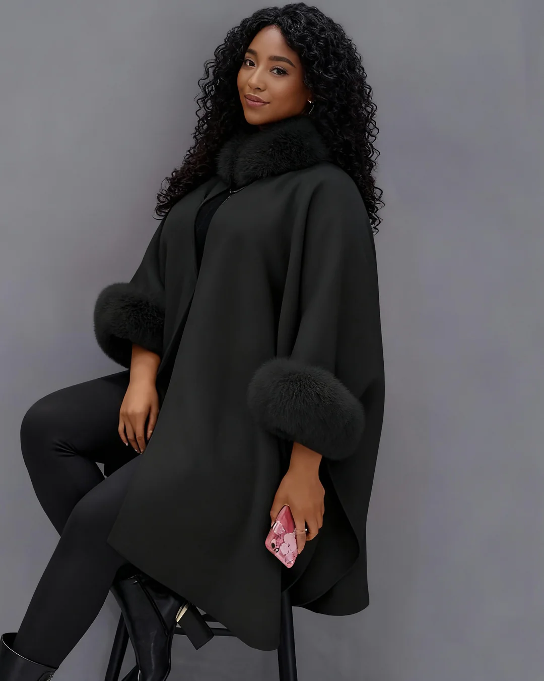 Autumn And Winter Large Rabbit Fur Collar Mid-length Woolen Coat Elegant Cape Shawl Hepburn Style Woolen Large Size Coat