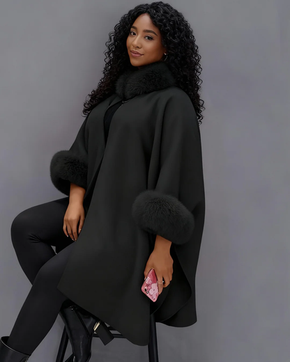 Autumn And Winter Large Rabbit Fur Collar Mid-length Woolen Coat Elegant Cape Shawl Hepburn Style Woolen Large Size Coat