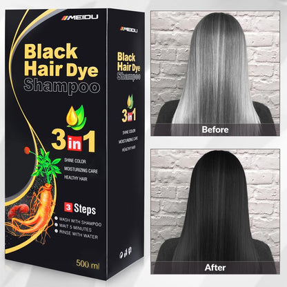 3 in 1 Black Hair Dye Shampoo - Herbal Ingredients Can cover gray hairs, Contains Ginseng Extract, Natural Haircoloring