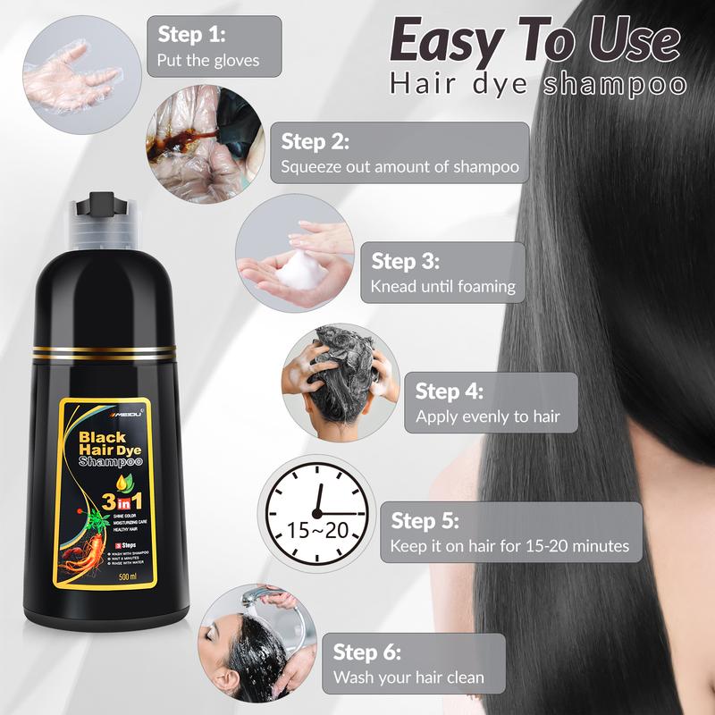 3 in 1 Black Hair Dye Shampoo - Herbal Ingredients Can cover gray hairs, Contains Ginseng Extract, Natural Haircoloring