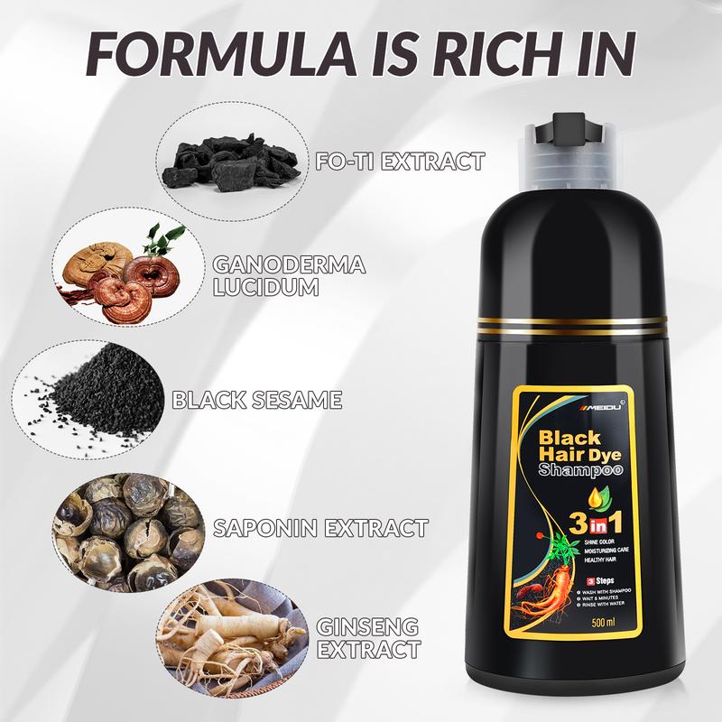 3 in 1 Black Hair Dye Shampoo - Herbal Ingredients Can cover gray hairs, Contains Ginseng Extract, Natural Haircoloring