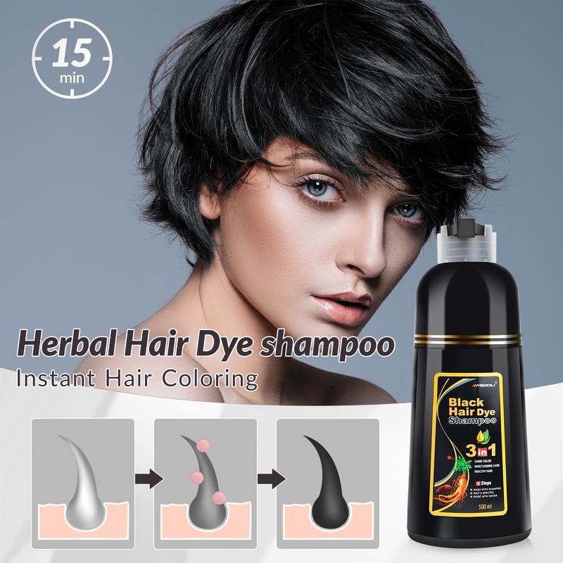 3 in 1 Black Hair Dye Shampoo - Herbal Ingredients Can cover gray hairs, Contains Ginseng Extract, Natural Haircoloring