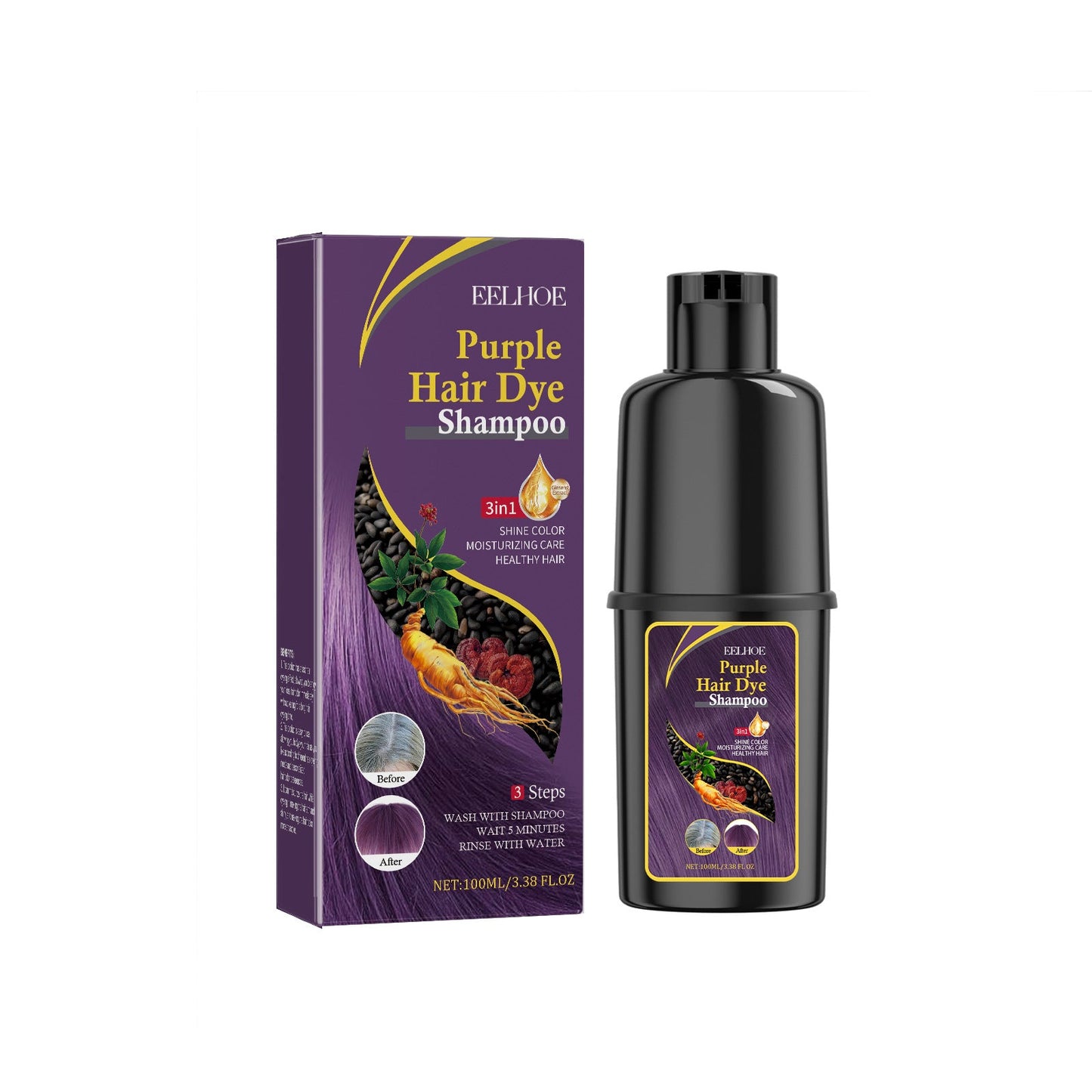 3 in 1 Black Hair Dye Shampoo - Herbal Ingredients Can cover gray hairs, Contains Ginseng Extract, Natural Haircoloring
