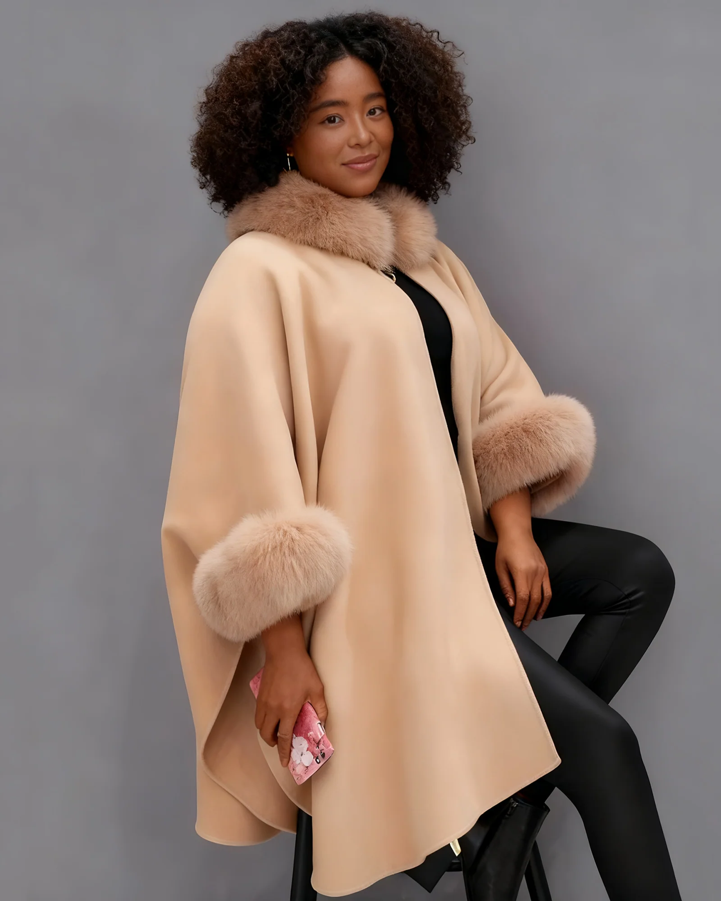 Autumn And Winter Large Rabbit Fur Collar Mid-length Woolen Coat Elegant Cape Shawl Hepburn Style Woolen Large Size Coat