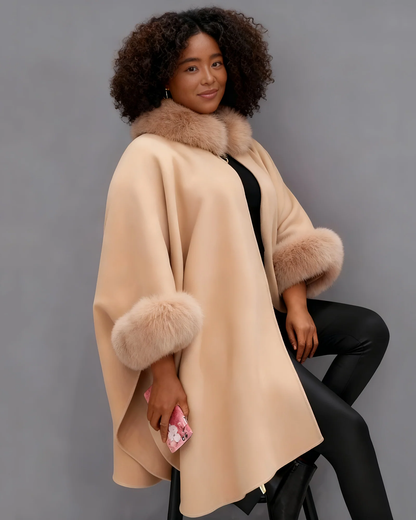 Autumn And Winter Large Rabbit Fur Collar Mid-length Woolen Coat Elegant Cape Shawl Hepburn Style Woolen Large Size Coat