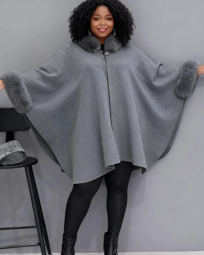 Autumn And Winter Large Rabbit Fur Collar Mid-length Woolen Coat Elegant Cape Shawl Hepburn Style Woolen Large Size Coat